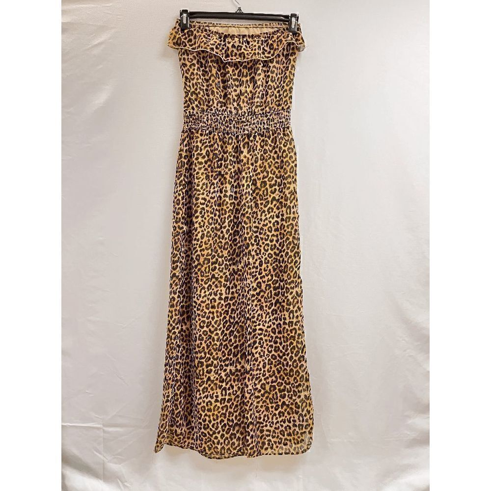 Women's Fully Lined Strapless Ruffled Maxi Dress Brown Leopard Print Size M - Picture 3 of 8